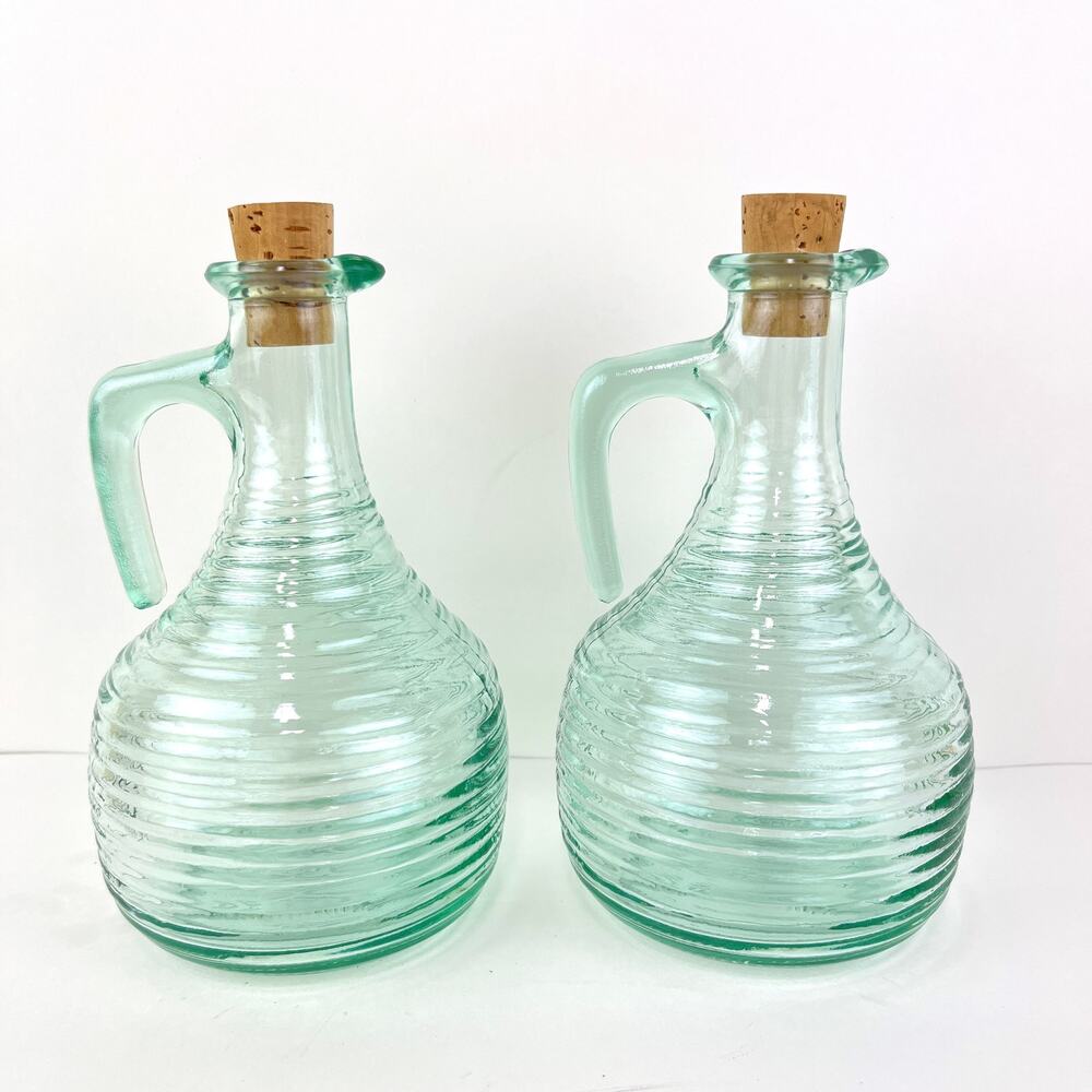 Crate and Barrel Cordoba Cruet Green Glass Set Oil and Vinegar